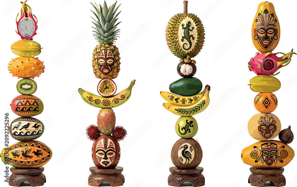 Obraz premium Tropical fruit totem pole vector set featuring creative tribal mask carvings on pineapple banana papaya mango and dragonfruit