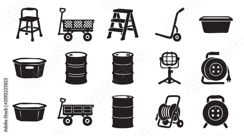 Black icons of tools and equipment, gardening and construction tools, 13 symbol set, vector graphics