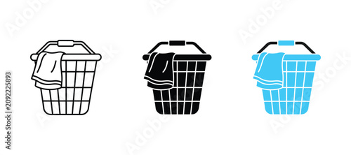 Fotografía Laundry basket icons illustrating laundry storage, washing, and household cleaning in outline, solid, and blue color styles with clean minimalist vector graphics for domestic services
