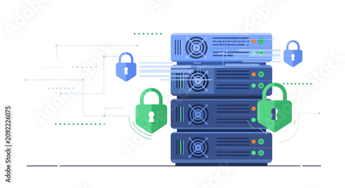 Secure data server rack with padlocks, cybersecurity concept, digital network protection