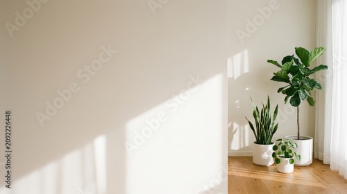 Three lush green potted plants standing against a bright white wall with soft natural sunlight shadows