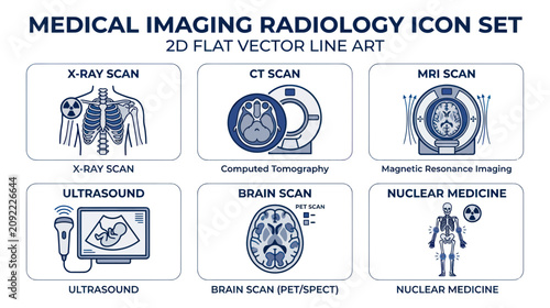 Foto Medical Imaging Radiology Icons Set: X-Ray, CT, MRI, Ultrasound, Brain Scan, Nuc