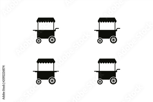 Set of four food carts or street vendor stalls with striped awnings and wheels, flat vector icons for business and retail concepts