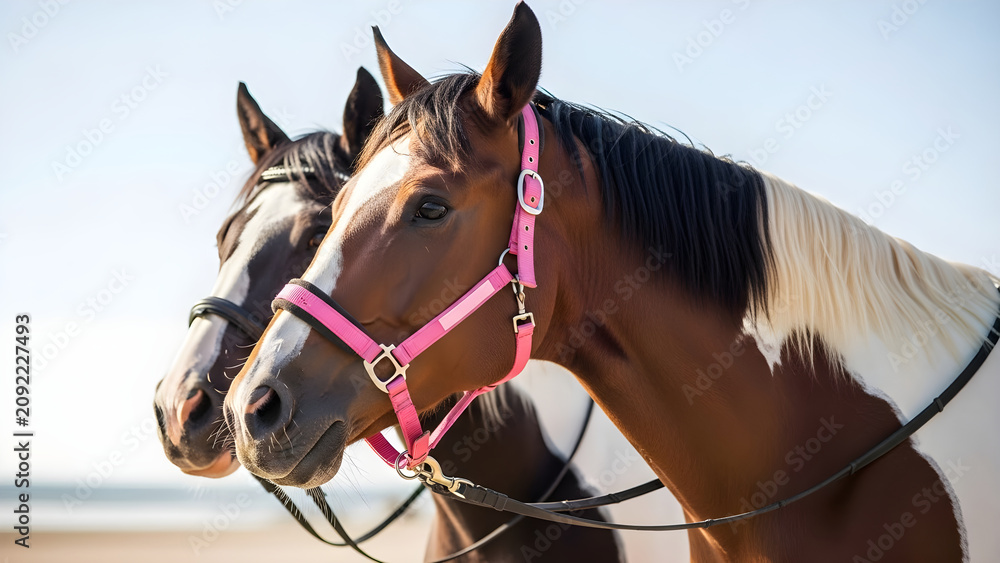 Obraz premium Two Beautiful Horses Standing Together on a Sunny Beach Coastal Landscape