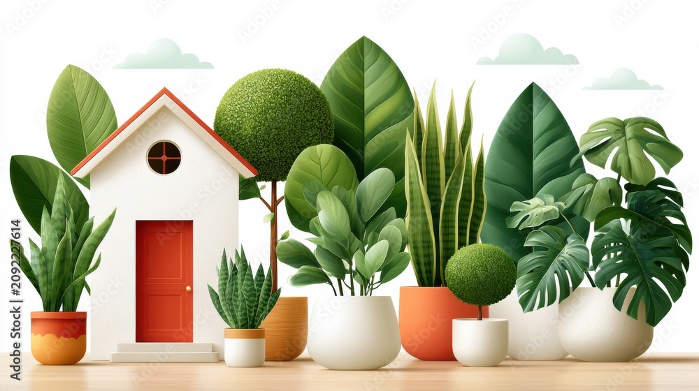 Fototapeta premium Eco home miniature with potted plants and lush indoor greenery on a clean wooden banner