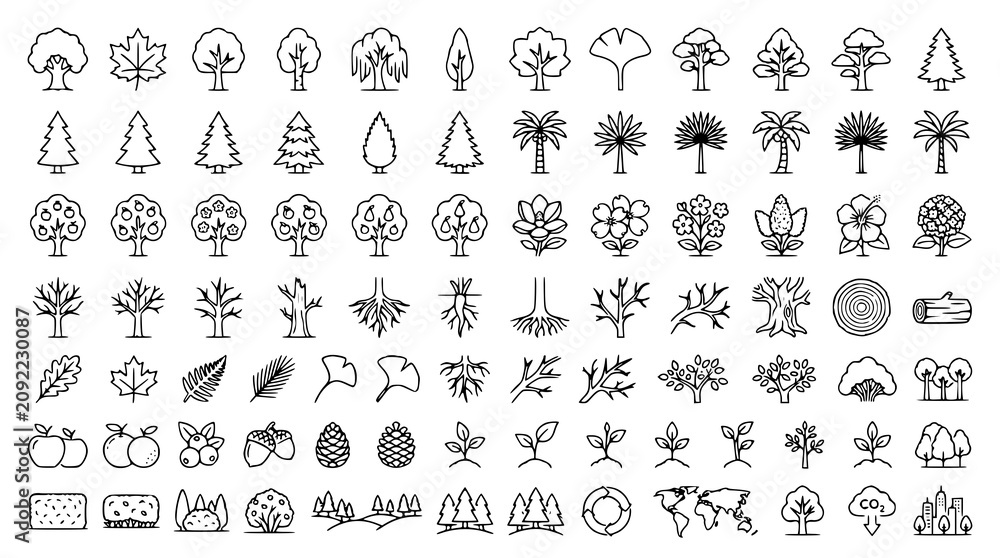 Obraz premium Collection of black and white line drawings of trees plants and environmental icons