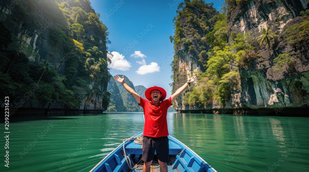 Obraz premium A joyful man in a red shirt and hat stands on a boat, surrounded by towering green cliffs and turquoise water under a bright blue sky.