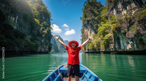 A joyful man in a red shirt and hat stands on a boat, surrounded by towering green cliffs and turquoise water under a bright blue sky.