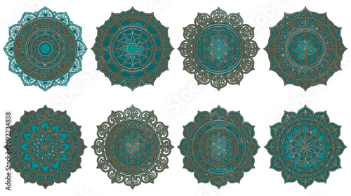 Set of ornate mandalas with intricate geometric patterns and teal accents
