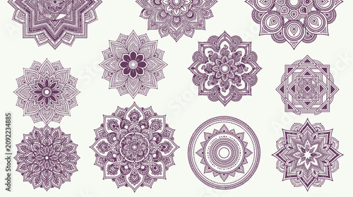 Set of purple mandala patterns, decorative circular ornaments, ornate design