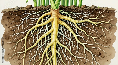 Illustration shows extensive branching plant roots system spreading underground in soil. Main root and fine rootlets absorb water and nutrients for plant growth.
