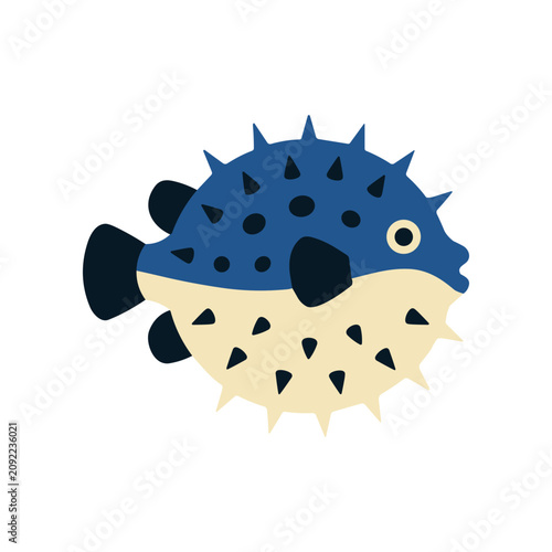Canvas Print Blue pufferfish cartoon marine animal.