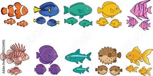 Fényképezés Colorful Tropical Fish Family Set with Clownfish, Blue Tang, Lionfish, Pufferfis
