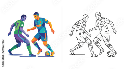 Φωτογραφία Two Soccer Players, Geometric Style, Action and Line Art