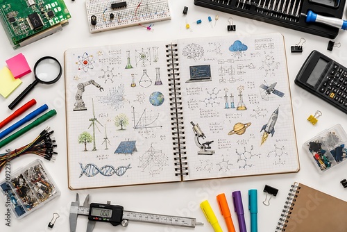 Science and technology sketches in an open notebook surrounded by electronic components and tools on a white table