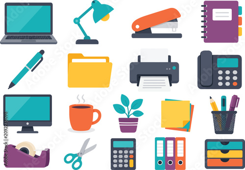 Flat vector icons of office supplies and equipment on a white background