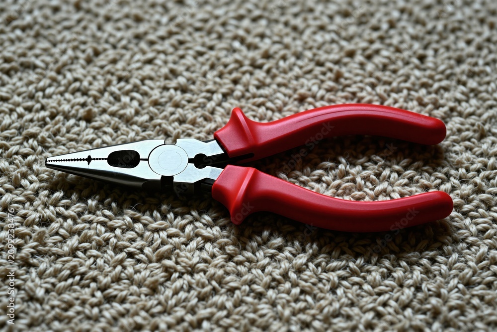 Obraz premium Red handled pliers rest on textured carpet. This tool is made for gripping and cutting metal parts. It is a durable hardware item for home repairs and DIY projects.