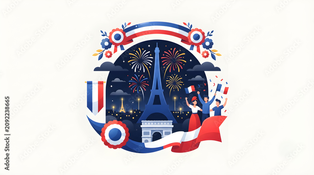 Fototapeta premium France Bastille Day National Celebration Vector Background with Eiffel Tower, Fireworks, and People Waving Flags