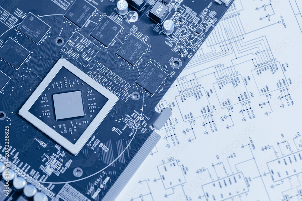 Fototapeta premium Advanced electronic circuit board design for semiconductor technology. High precision engineering and PCB development.
