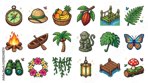 Canvas Print Collection of pixel art icons representing jungle adventure and exploration elements