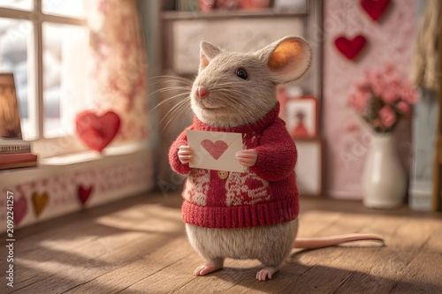 A realistic mouse wearing a red sweater holding a Valentine's card, standing in a room with Valentine's decorations. The floor is made of realistic hardwood