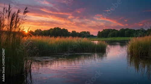 Serene sunset over a tranquil lake surrounded by lush greenery and tall grasses reflecting in water