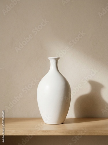 minimalist white ceramic vase on wooden shelf with soft shadow  
