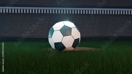 Traveling bright projectile from top right striking wall, sparking and forming soccer ball on turf