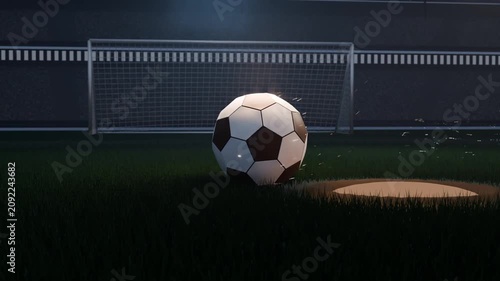 Streaming comet streak moving along wall, hitting pad, forming glowing soccer ball before goal