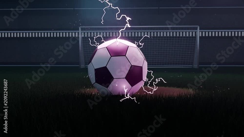 Flare striking goal, spawning glowing pink soccer ball forming on pitch at night, emitting arcs