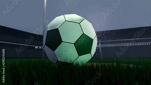 Descending green orb starting glowing soccer ball forming on turf near center goal, emitting sparks