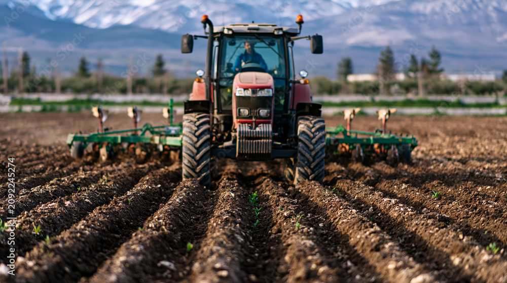 Obraz premium Farmer driving red tractor with implement cultivating fertile soil in terraced field, preparing for planting new crops with a snowy mountain range backdrop