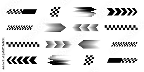 Set of racing flag decals and speed lines elements in black color for sport vehicle decoration isolated on a transparent background.