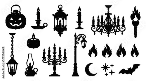 Obraz na płótnie Black silhouette vector collection of jack-o'-lantern lantern, candle holder, go