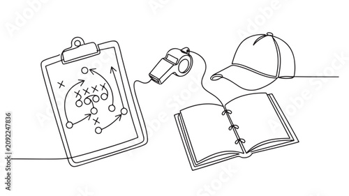 Continuous line drawing of football strategy clipboard with whistle, cap, and notebook on white background