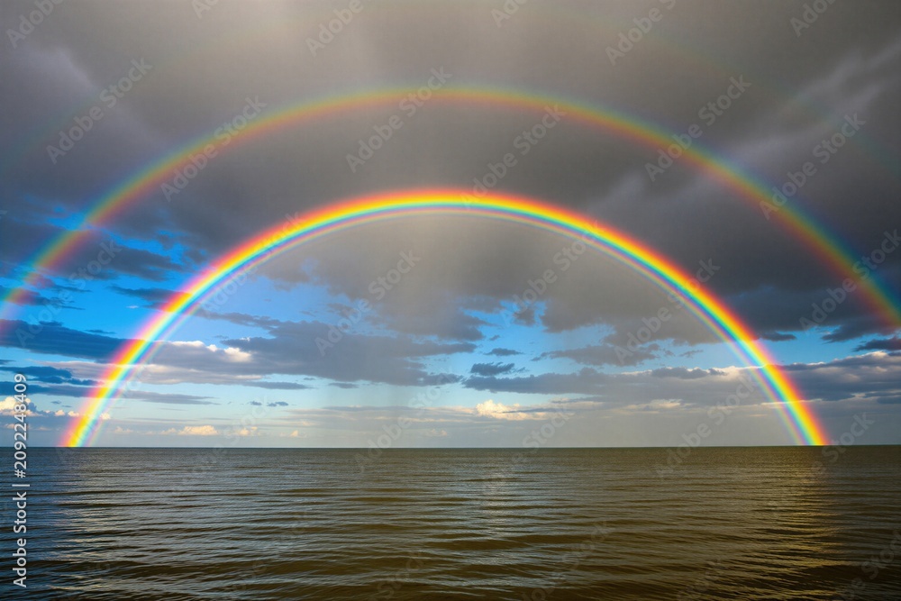 Obraz premium Double rainbow arches over calm ocean water under cloudy sky. Bright colors contrast dark storm clouds. Nature beauty after rain on the sea.