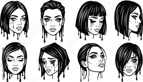 Collection of black and white of crying women with dripping makeup and various hairstyles