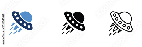 Konstfotografi UFO spaceship icons featuring alien flying saucers in blue flat, solid black silhouette, and minimalist outline styles with clean vector graphics for science fiction and space themes