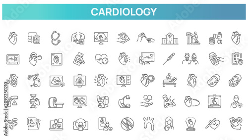 Fotografie Cardiology line icons set. Heart attack. Myocardial infarction