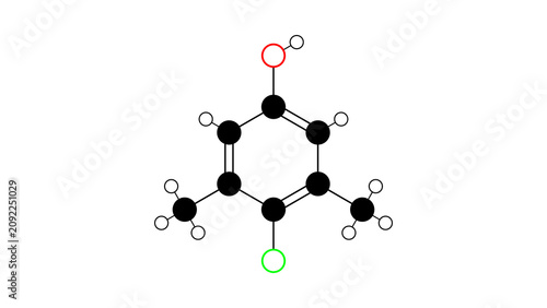 Schilderij op canvas chloroxylenol molecule, structural chemical formula, ball-and-stick model, isola