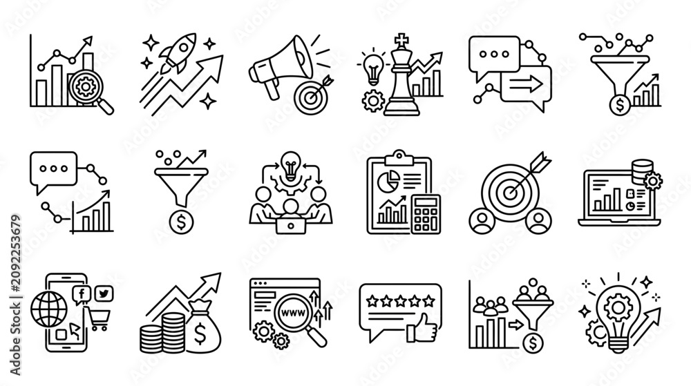 Fototapeta premium Business Strategy Icons: Growth, Marketing, Analytics, Success, Teamwork, Goals