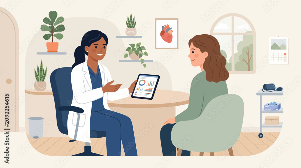 Fototapeta premium Doctor consulting patient, showing tablet with health data, medical check-up
