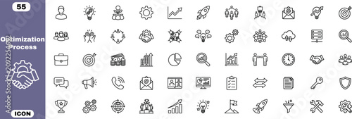 55 optimization process line icon set, business workflow efficiency strategy outline vectors illustration