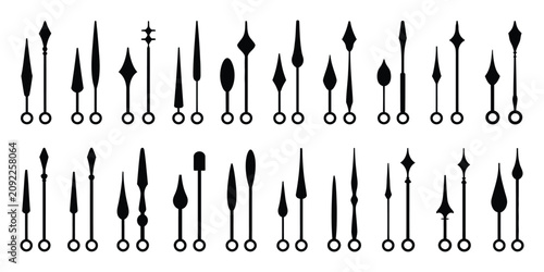 Tableau sur toile Clock hands icons with hour and minute pointers in outline, solid, and decorative variations representing analog timekeeping and clean minimalist vector graphics for clock and watch design