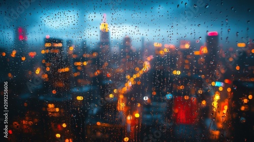 Rainy Window View Overlooking A Blurry City Skyline At Night With Glowing Orange And Blue Lights