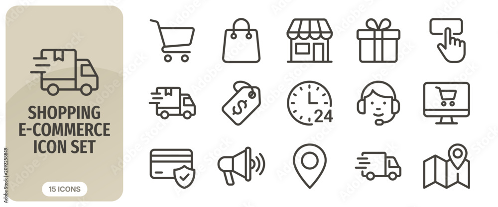 Fototapeta premium Shopping ecommerce icon set, linear icons for online store, delivery, payment, and customer support