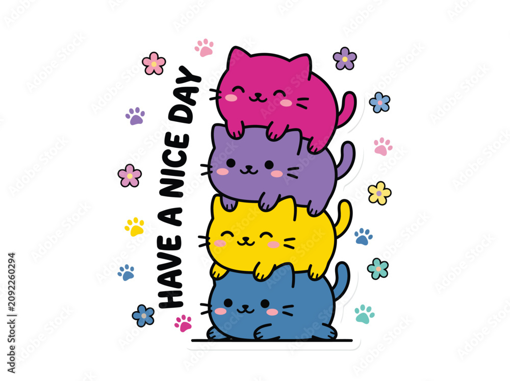 Fototapeta premium Kawaii Stacked Colorful Cats Vector Illustration with Have a Nice Day Greeting Text for Stickers and Design