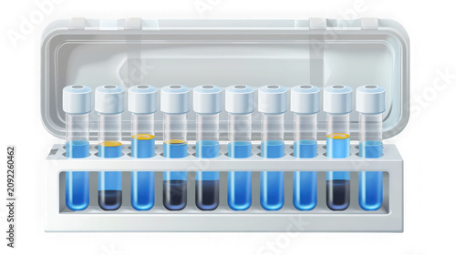 Ten medical test tubes arranged in a clinical storage rack for diagnostic analysis isolated on transparent background with organized within professional liquids neatly organized