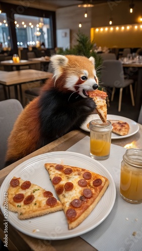 Whimsical red panda enjoying handcrafted pizza Vertical business template ideal for pizzeria branding commercial advertising social media marketing customer engagement and promotion