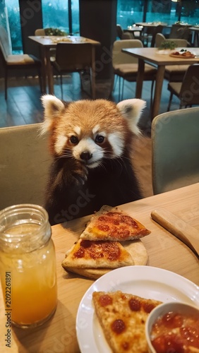 Charming red panda eating artisan pizza with happy expression Vertical composition crafted for pizzeria business advertising social media branding promotional visual communication
